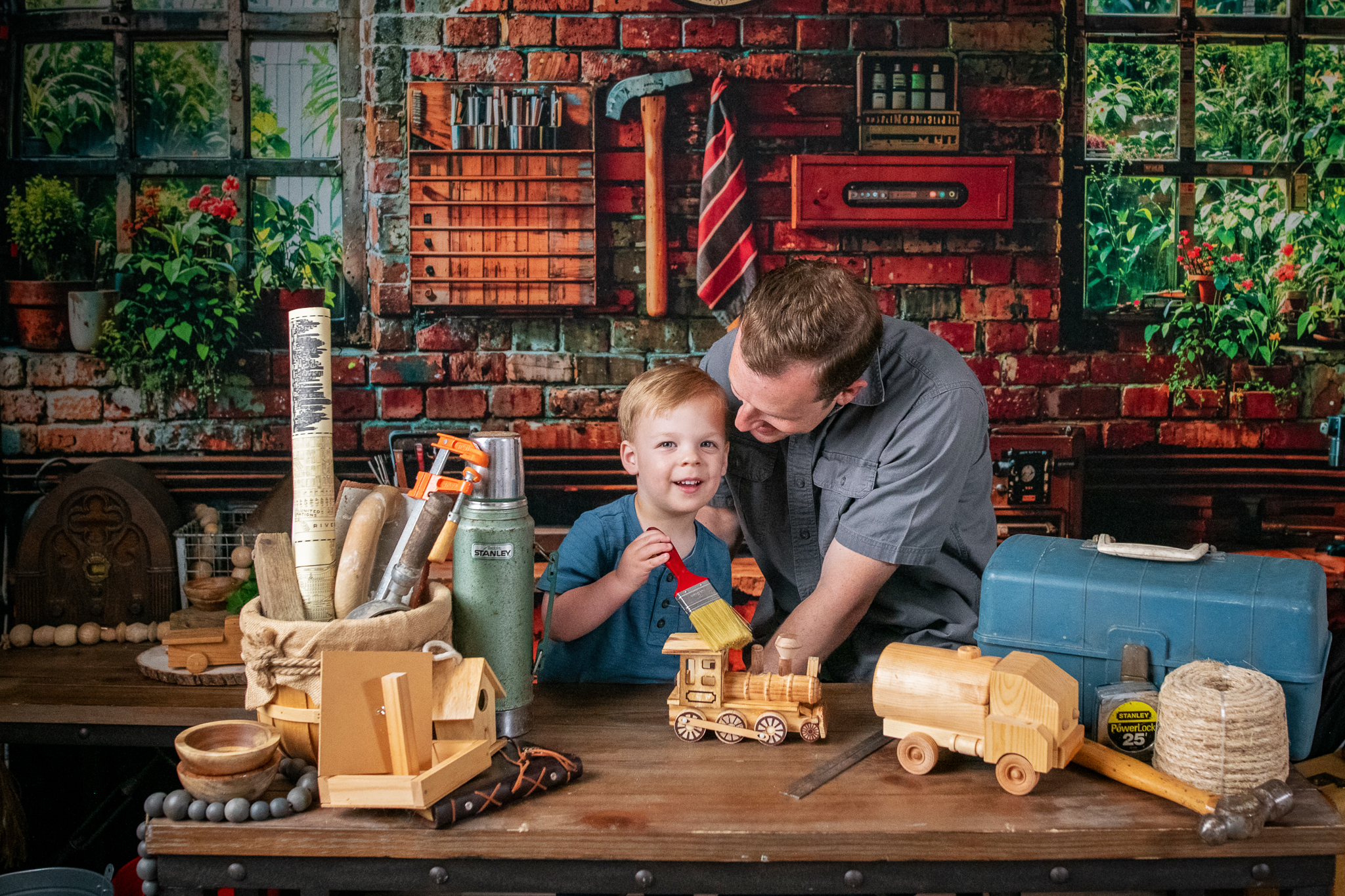 Father and son with wooden train in workshop